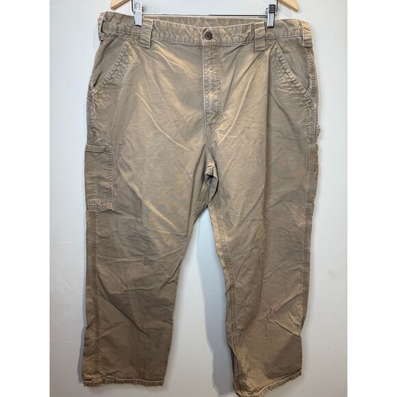 Carhartt Men's 40x30 Beige Work Pants Distressed Carpenter Dungaree Fit - Picture 1 of 4
